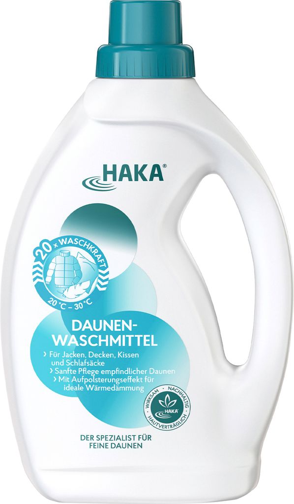 A bottle of HAKA Daunenbalsam laundry detergent.