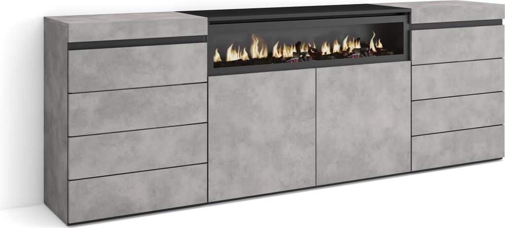 A modern sideboard with drawers and an electric fireplace.