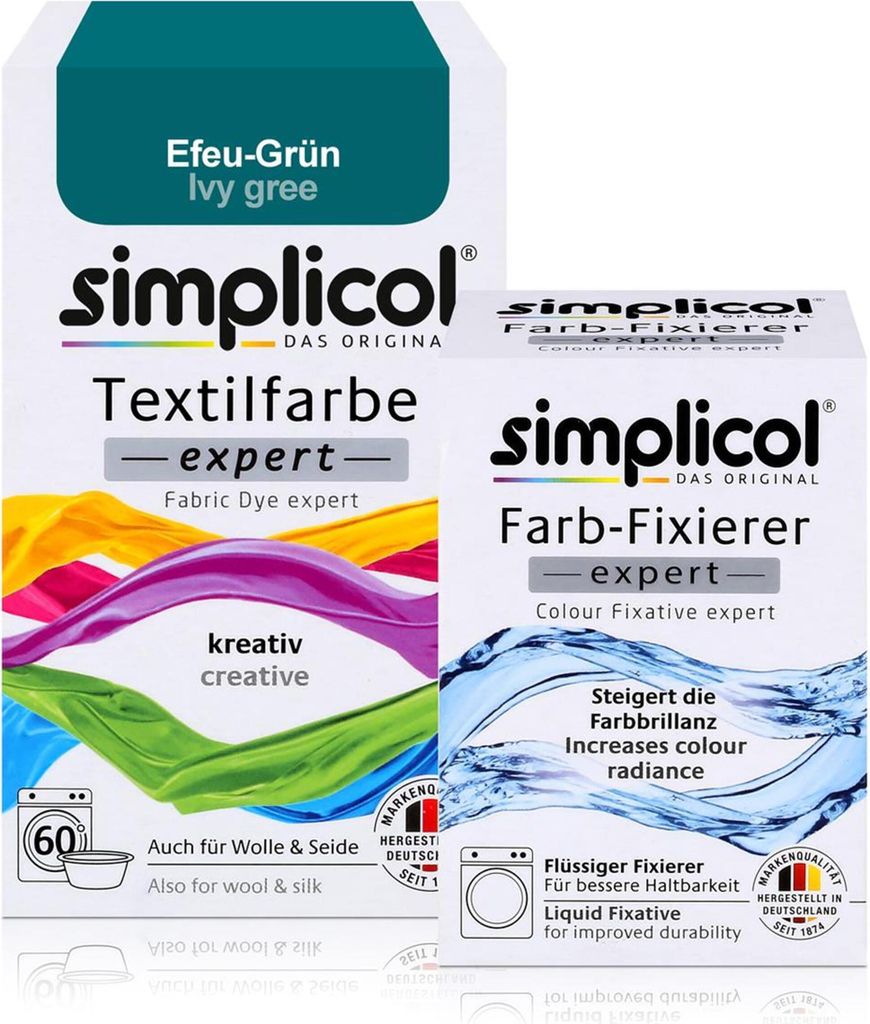 Simplicol Textilfarbe expert Efeu-Grün 150g & Farb-Fixierer Expert 90ml