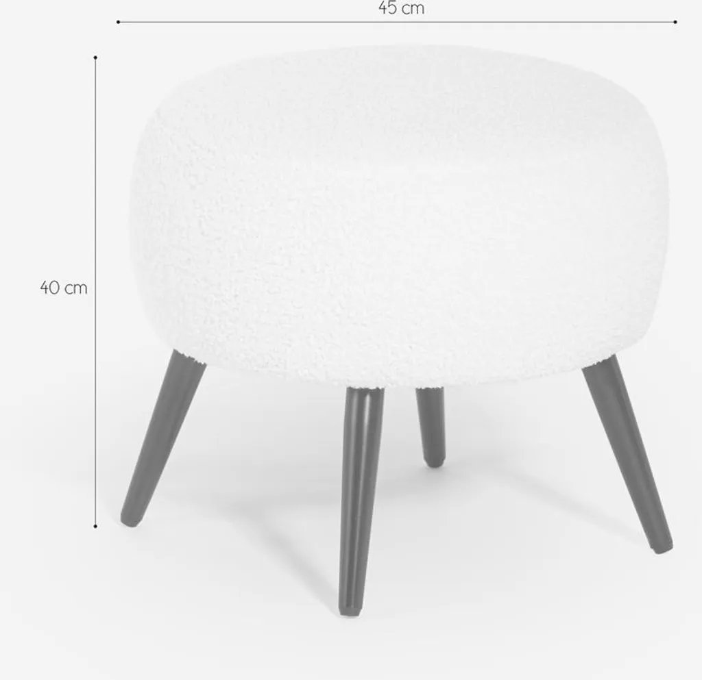 Petit pouf de salon Belix blanc bouclé avec piètement métal noir chic