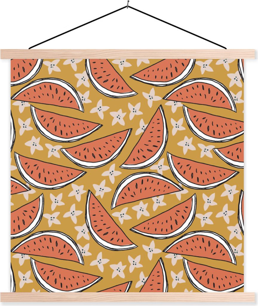 MuchoWow Textilposter Sommer - Seestern - Wassermelone 60x60 cm mit holzfarbenen Rahmen - Wanddekoration