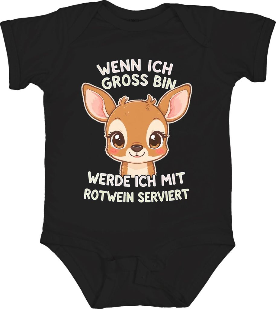 Wenn ich groß bin Rotwein serviert Rehkitz süß Geschenk Wein Unisex Baby Body, Schwarz, 0/3