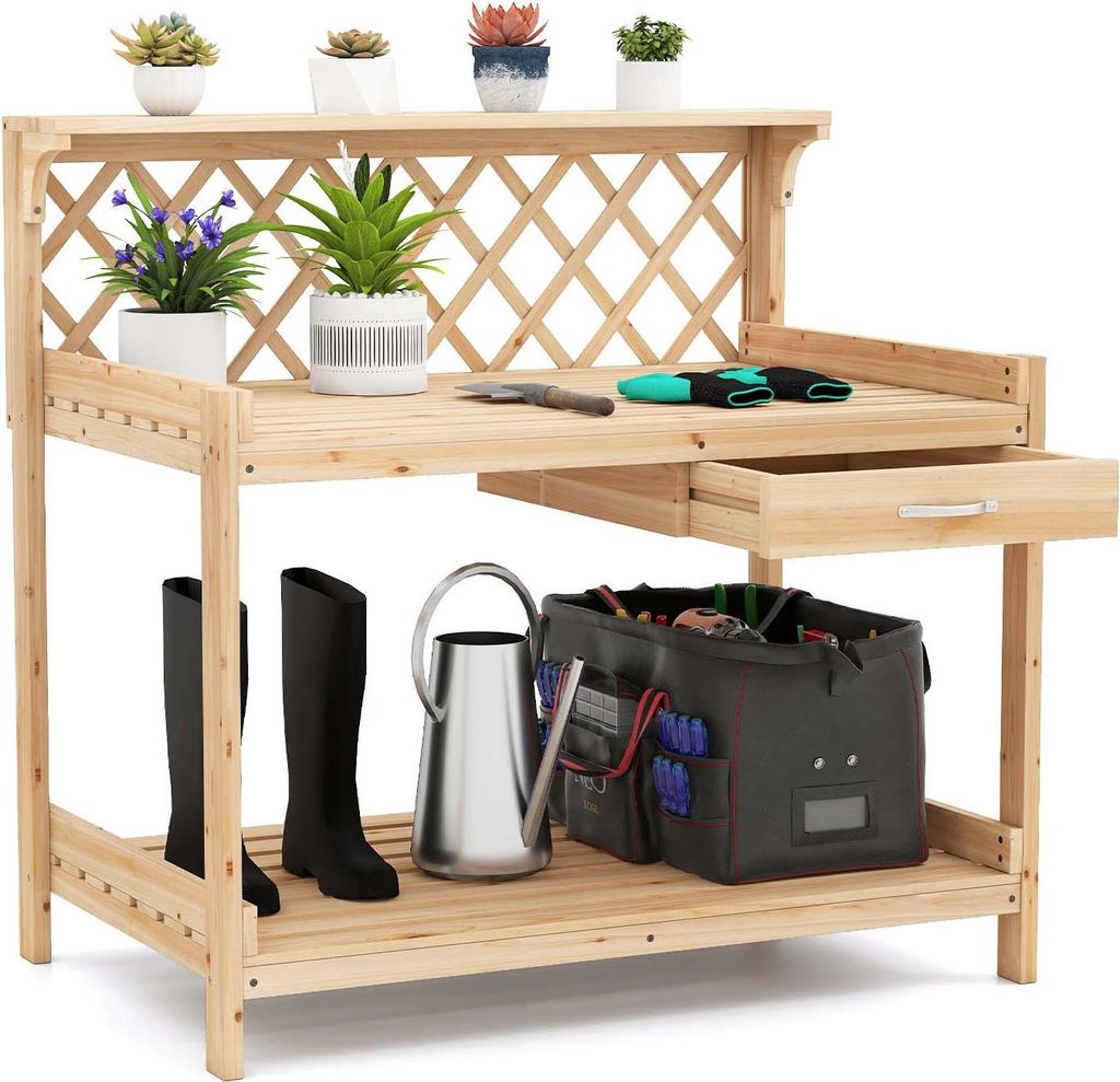 COSTWAY Pflanztisch mit Rankgitter, Gärtnertisch Holz mit Arbeitsplatte, Schublade & 2 Ablagen, Garten Arbeitstisch Tannenholz 90x59x88 cm Natur