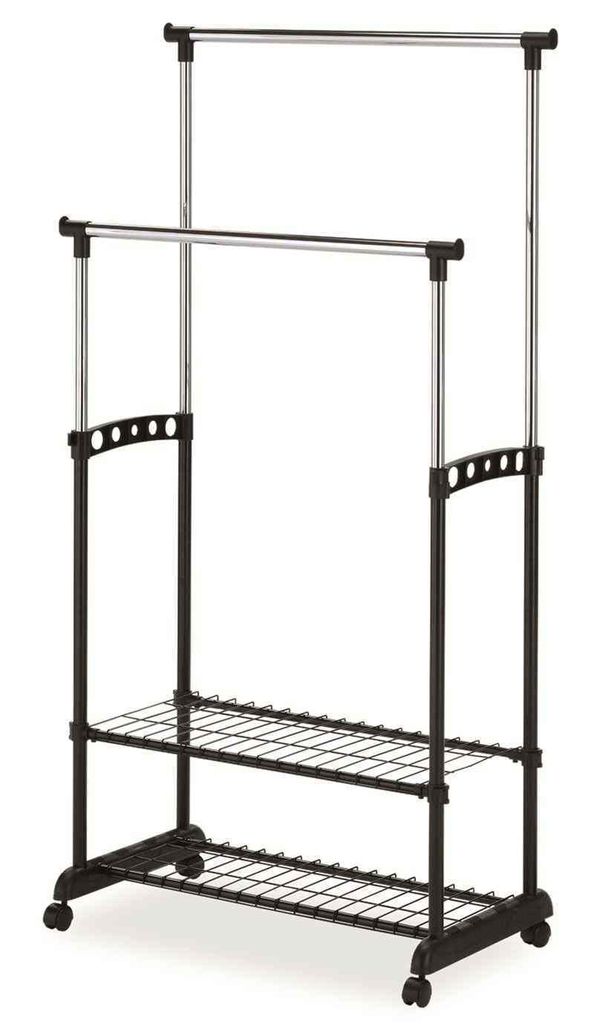 A double-tiered garment rack with shelves and wheels, shown against a white background.