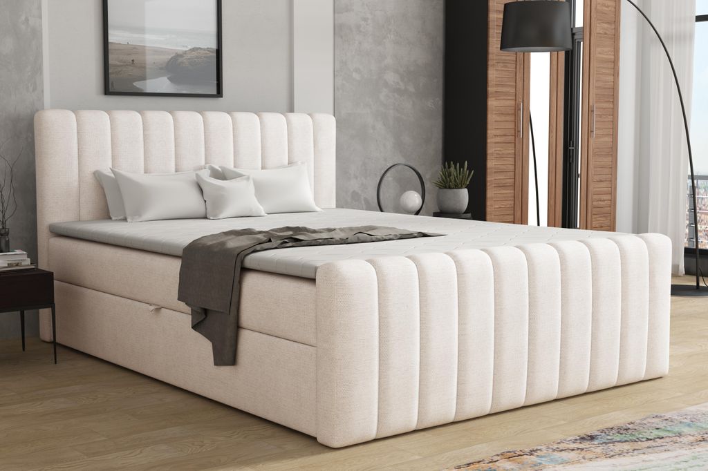 MR GROUP Boxspringbett mit Bettkasten ASTI, 140x200, beige, H3, Samtstoff, Polsterbett mit Matratze und Topper Doppelbett Bett für Schlafzimmer
