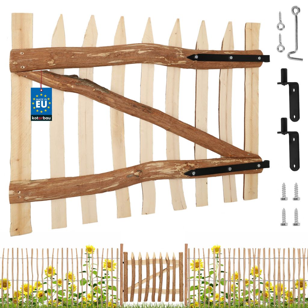 KOTARBAU Gartentor aus Haselnusslatten für Staketenzaun 80 x 100 cm Zauntor für Staketenzaun Kastaniezaun Kastaniezaun Bauernzaun inkl. Zubehör