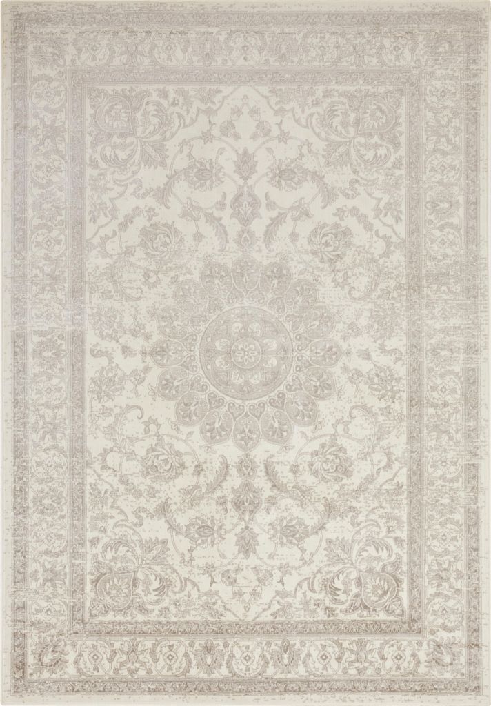 A top-down view of a rectangular rug with a detailed pattern.