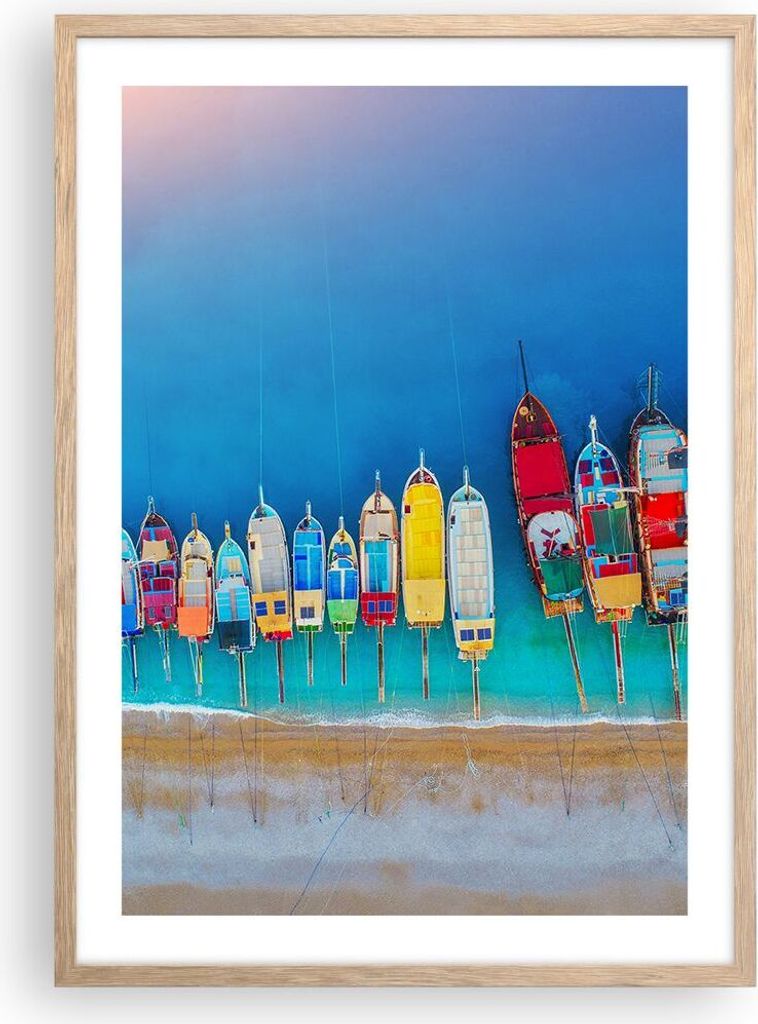 Gerahmtes Poster - Rahmen in heller Eiche - Schiffe Strand Perspektive - 50x70 cm - Wand Bild - Wanddeko - Wandbilder - Kunstposter - Wandposter - ...