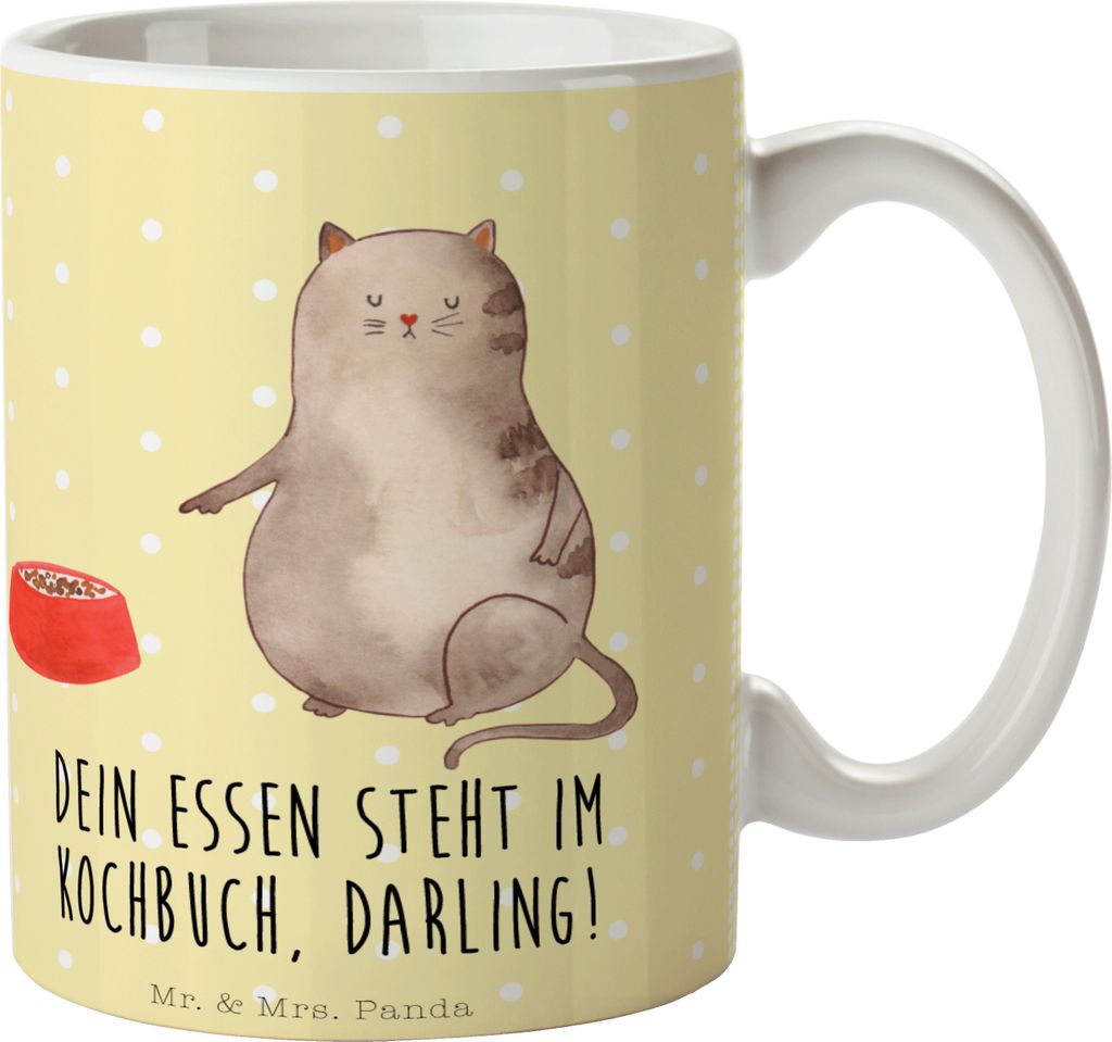 Mr. & Mrs. Panda Becher Katze Fressen - Gelb Pastell - Geschenk, Kaffeetasse, Tasse mit Spruch, keramik, kaffeebecher bedruckt