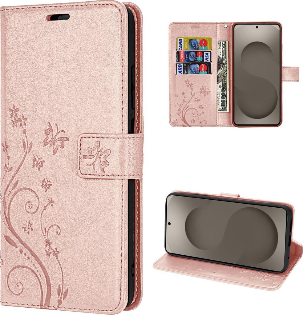 Hülle für Samsung Galaxy S26 Ultra Handyhülle Wallet Case mit Kartenfächern Blume Rosegold