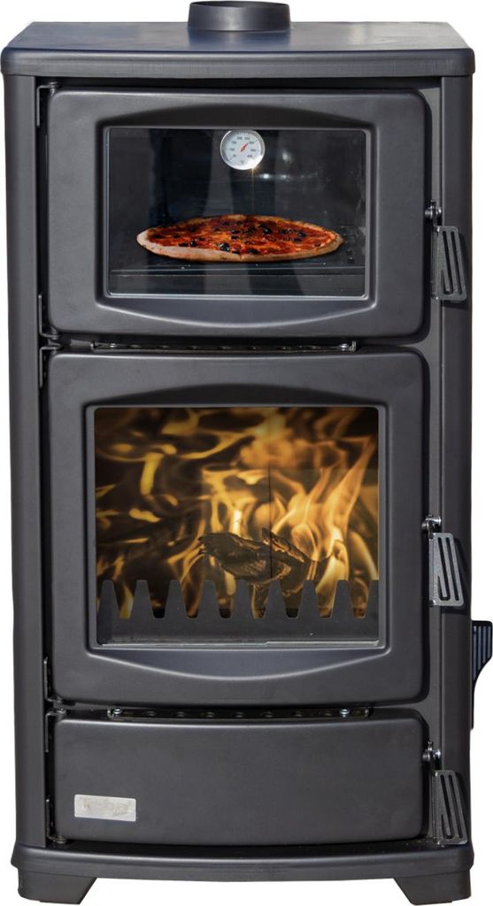 A black wood-burning stove with a pizza cooking in the top oven compartment and flames visible in the lower compartment.