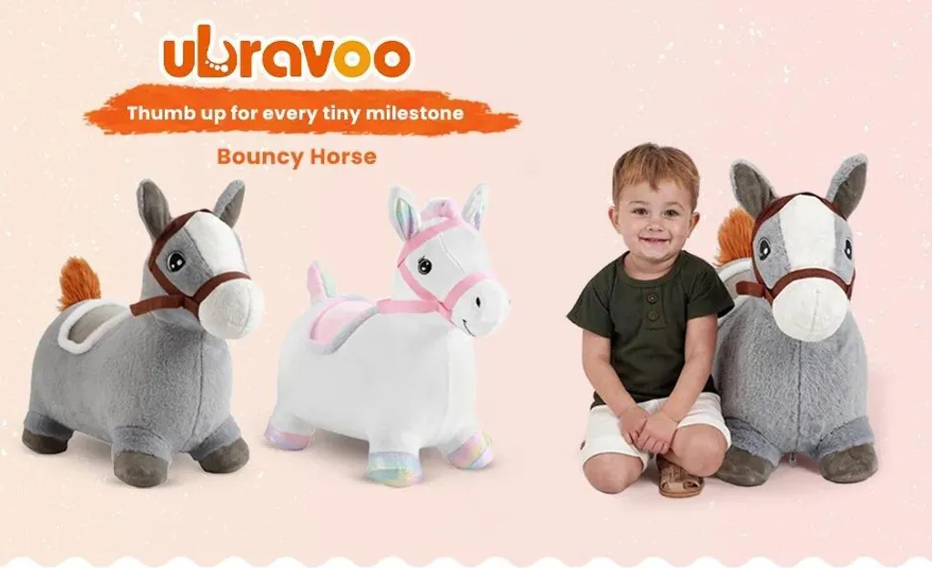 Cheval à bascule gris en peluche douce - Structure gonflable robuste