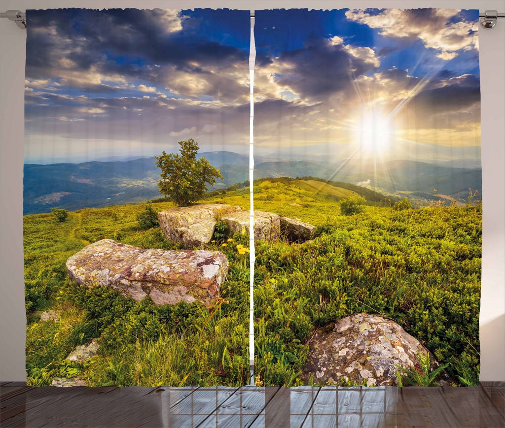 ABAKUHAUS Berg Rustikaler Gardine, DREI hinter Boulders, Schlafzimmer Kräuselband Vorhang mit Schlaufen und Haken, 280 x 225 cm, Gelb Grün Blau
