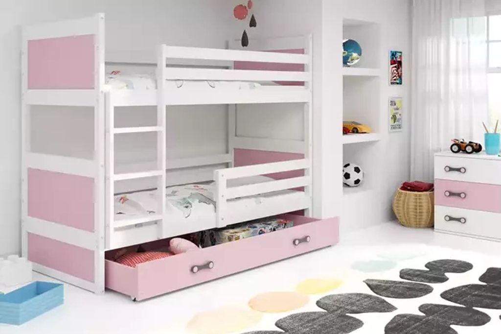 Kinderhochbett mit Stauraum und Matratzen 80x190 FERGUS – Weiß / Rosa
