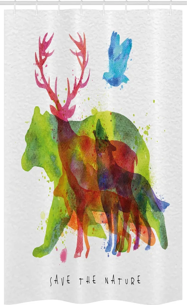 ABAKUHAUS Tenda da doccia stretta con animali, Alaska Animali Orso Lupo, Set decorativo per bagno in tessuto con ganci, 120 x 180 cm, Multicolore