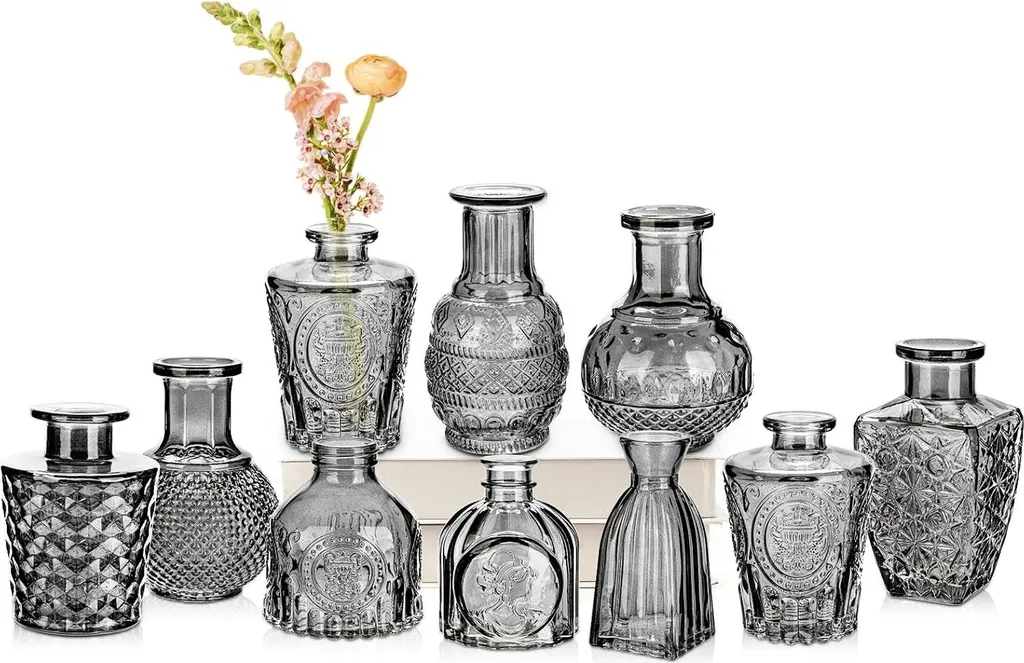 Petit vase fleur en verre gris lot de 10 - Soliflores design pour table