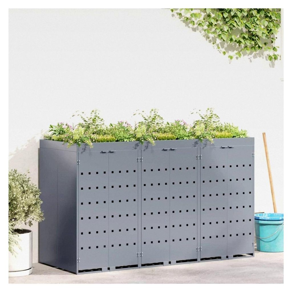 Müllbehälter für 3 Container Hellgrau 204 x 77,5 x 121,5 cm, Müllhaus mit Türen für Mülltonnen, Abfallbehälterverkleidung