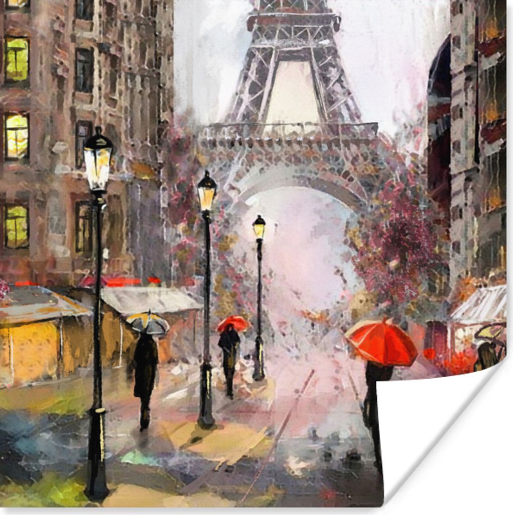 MuchoWow Poster Gemälde - Paris - Eiffelturm - Regenschirm - Ölgemälde 50x50 cm - Wohnzimmerdekoration