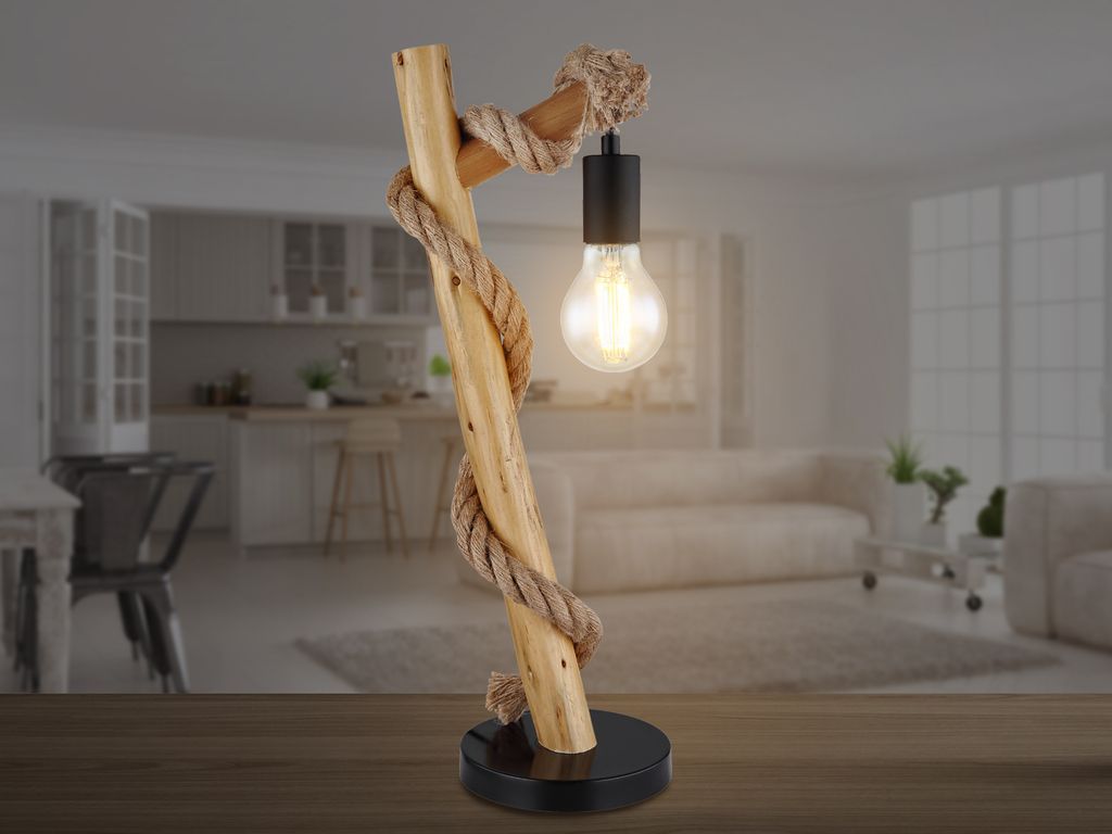 Außergewöhnliche LED Tischleuchte, große Nachtischlampen mit Holzstab & Hanfseil