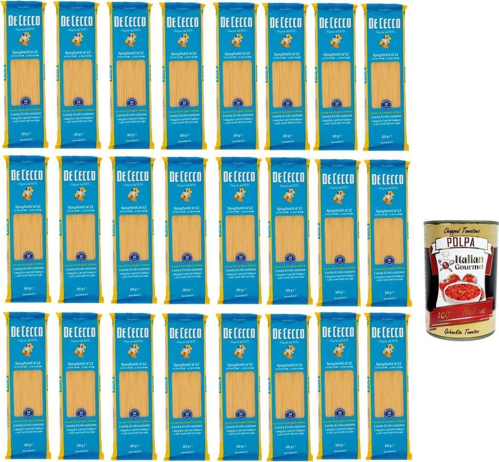 De Cecco Spaghetti n.12 Hartweizen Pasta 24 x 500 g Großpackung italienische Nudeln Lenta Essiccazione Vorrat al dente Genuss + Italian Gourmet polpa