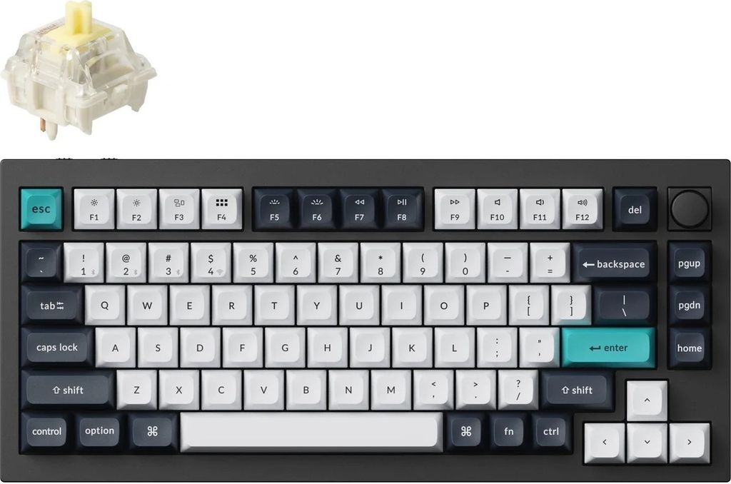 A mechanical keyboard and a single key switch are shown against a white background.