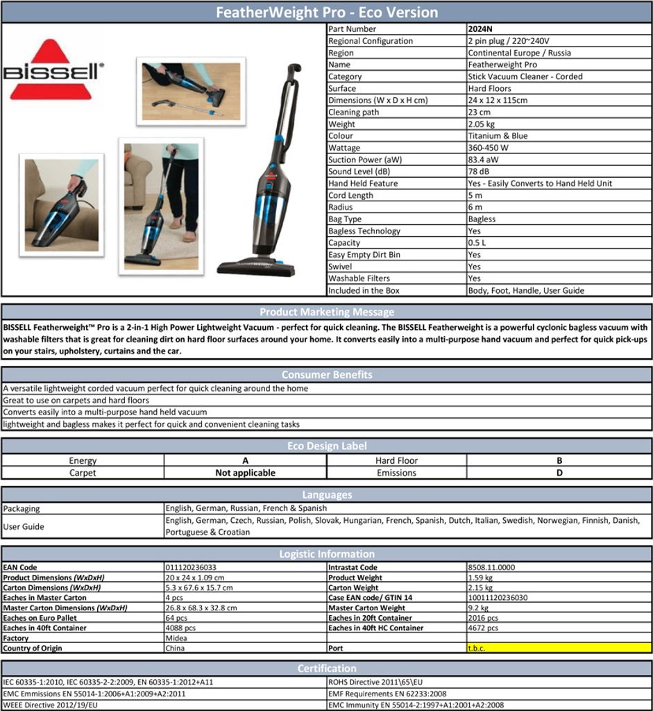 A collage of images showing a Bissell FeatherWeight Pro vacuum cleaner, its features, and specifications.