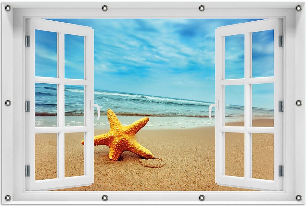 Wallario Outdoor-Poster für Garten oder Balkon 100 x 150 cm: Seestern am Strand am Meer