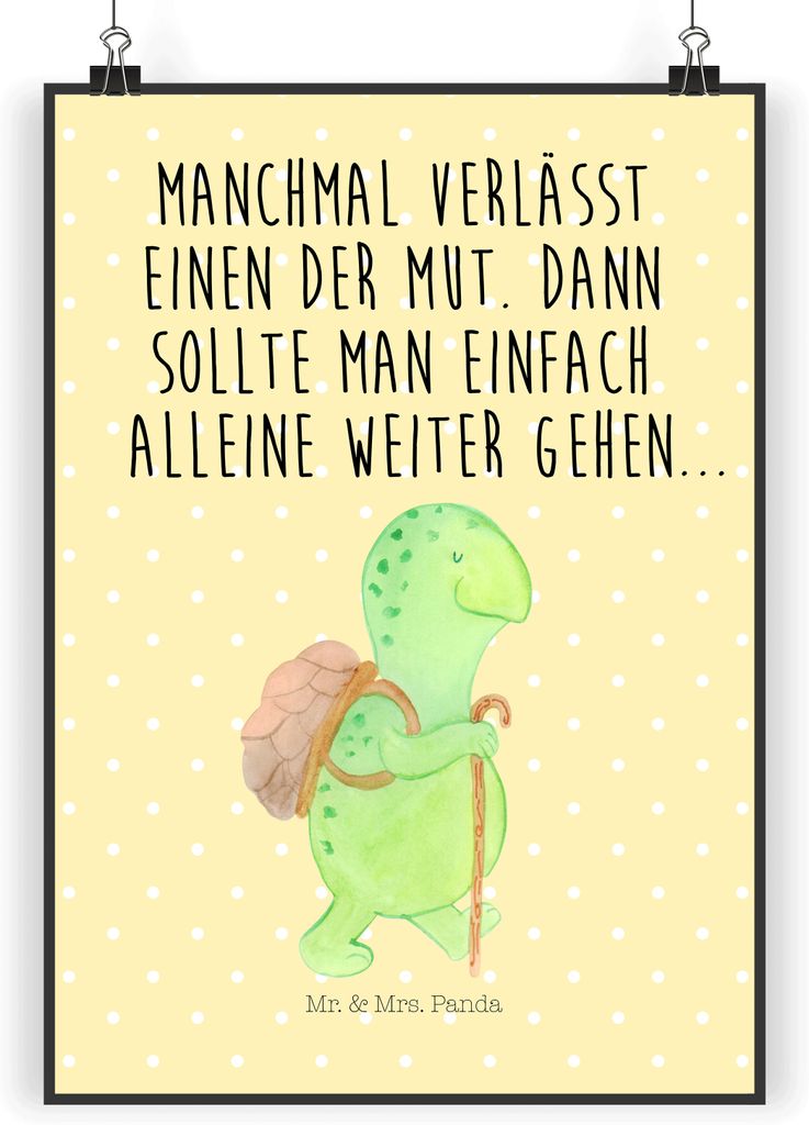 Mr. & Mrs. Panda Bild Schildkröte Wanderer DIN A3 - Gelb Pastell - Geschenk, mutig, Motivationsspruch, Motivationssprüche, Deko, kunstdruck poste...
