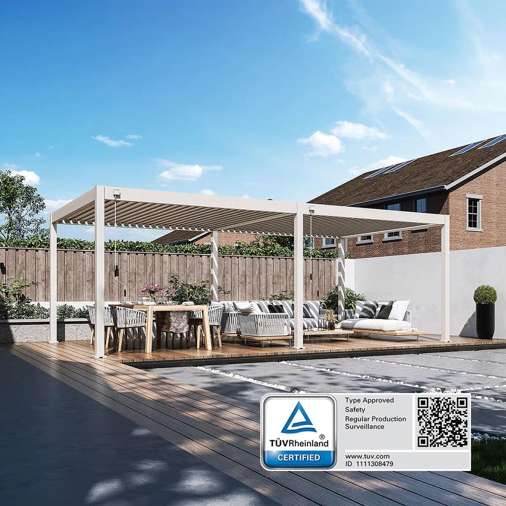 Deluxe | Voll-Alu Pergola | 3,6 x 7,2 M | Ivory Sand | Lamellendach