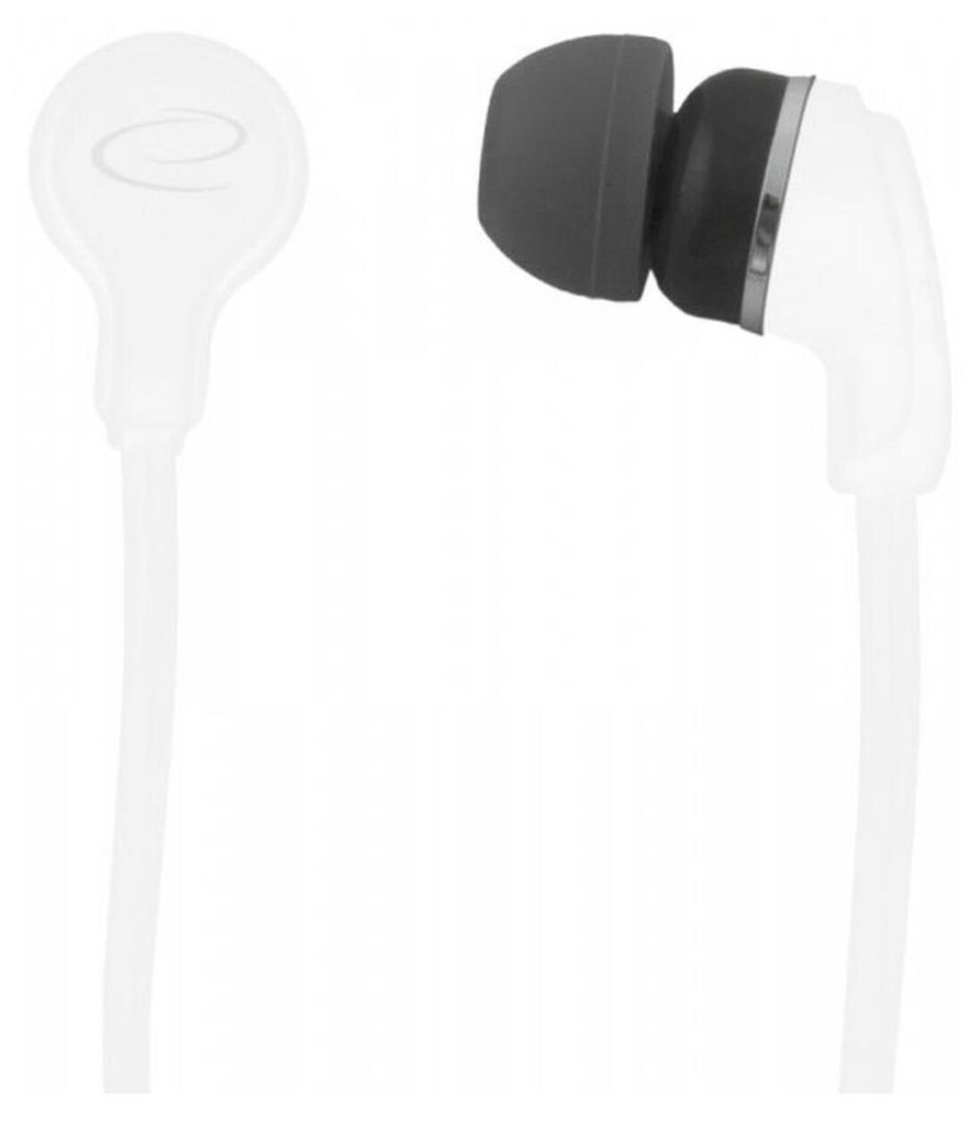 A pair of white earphones with dark gray ear tips is shown against a white background.