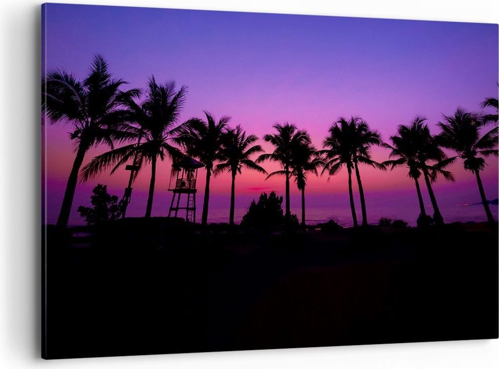 Bild auf Leinwand - Leinwandbild - Sonnenuntergang dämmerung sonne palme - 120x80cm - Wand Bild - Wanddeko - Leinwanddruck - Bilder - Kunstdruck -...