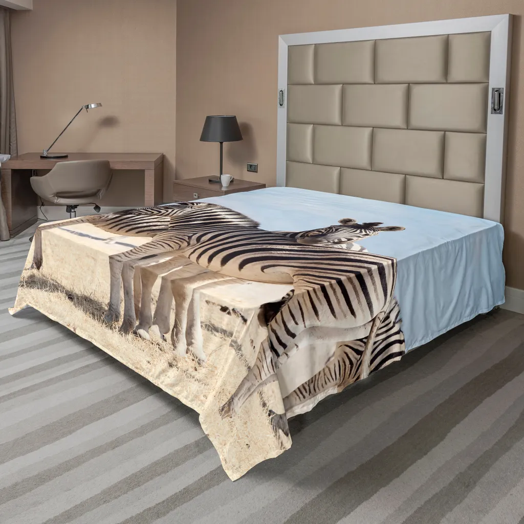 Drap Supérieur Doux Motif Zèbres Namibie 266x260 cm Lavable Bleu et Beige
