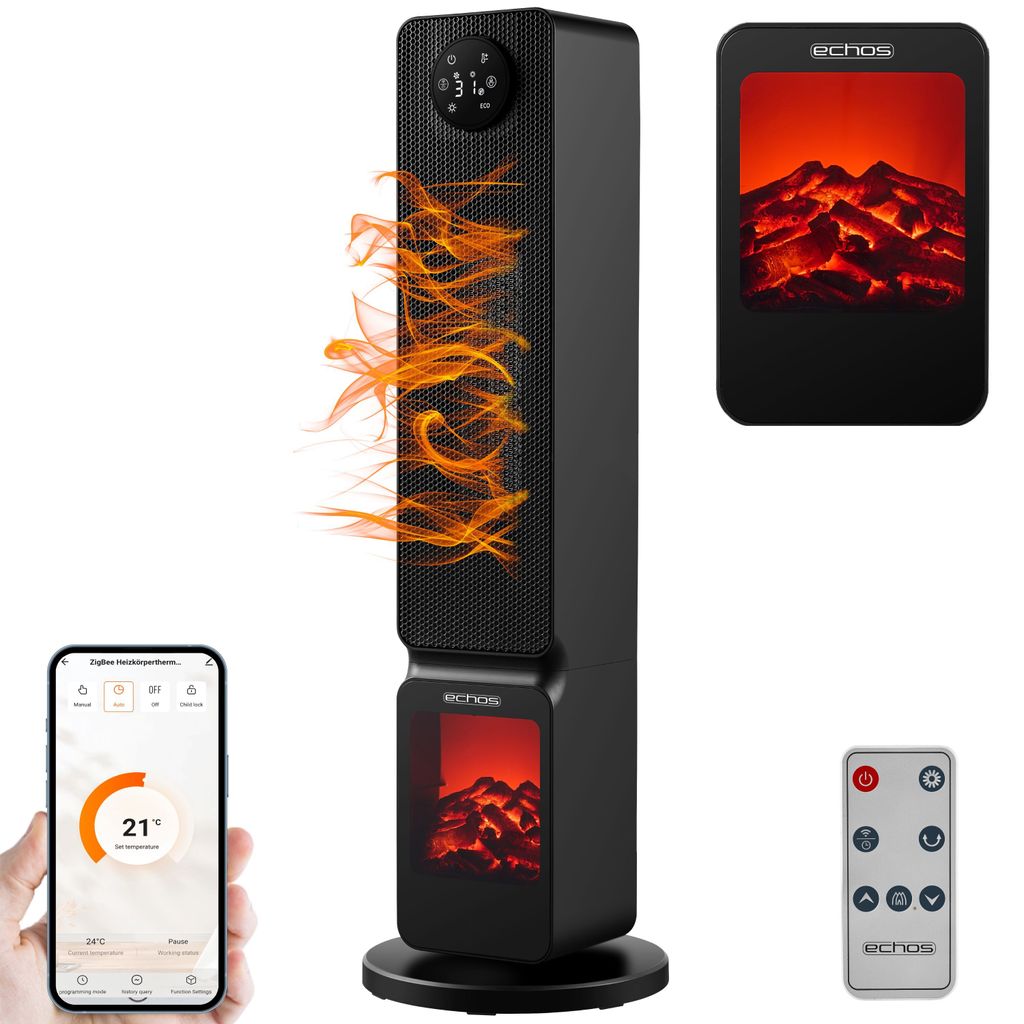 Echos Heizlüfter mit Kaminillusion und Wifi Heizlüfter mit Flammeneffekt Kaminheizer Elektroheizlüfter Keramik-Heizkamin