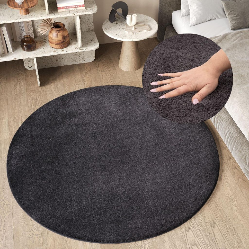 Tapiso Teppich CUDDLE Rund Einfarbig Modern Anthrazit Wohnzimmer 80 x 80 cm