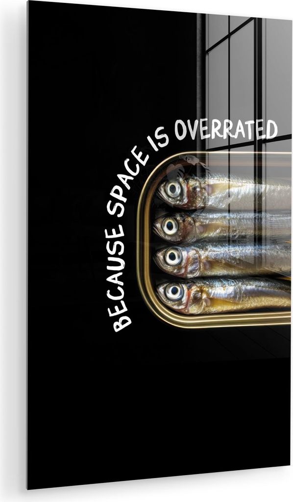 MuchoWow Glasbilder - Bilder auf Wandbild - Foto auf Glas Sardinen - Text - Fisch - Konserven 20x30 cm Wanddekoration aus Glas - Acrylglasbild - Ac...