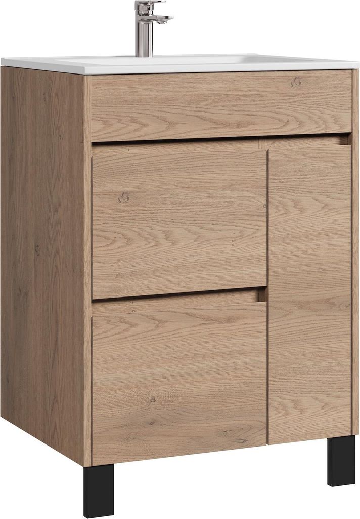 Badplaats Badmöbel Set mit Waschbecken und Unterschrank Salzburg 60 x 47 cm Kastanien Eiche - Stehende Waschbeckenunterschrank mit Soft-Close und ...