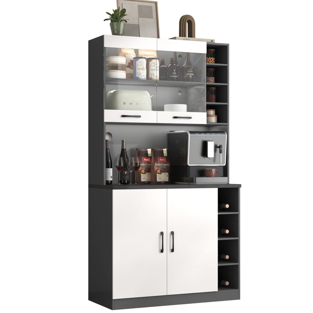 Küchenschrank(100x47x187cm,Weiss)Buffet mit LED-Ambiente-Beleuchtung und Kabellöchern, Küchen-Highboard aus Holz,freistehend,mit Ablagefächer