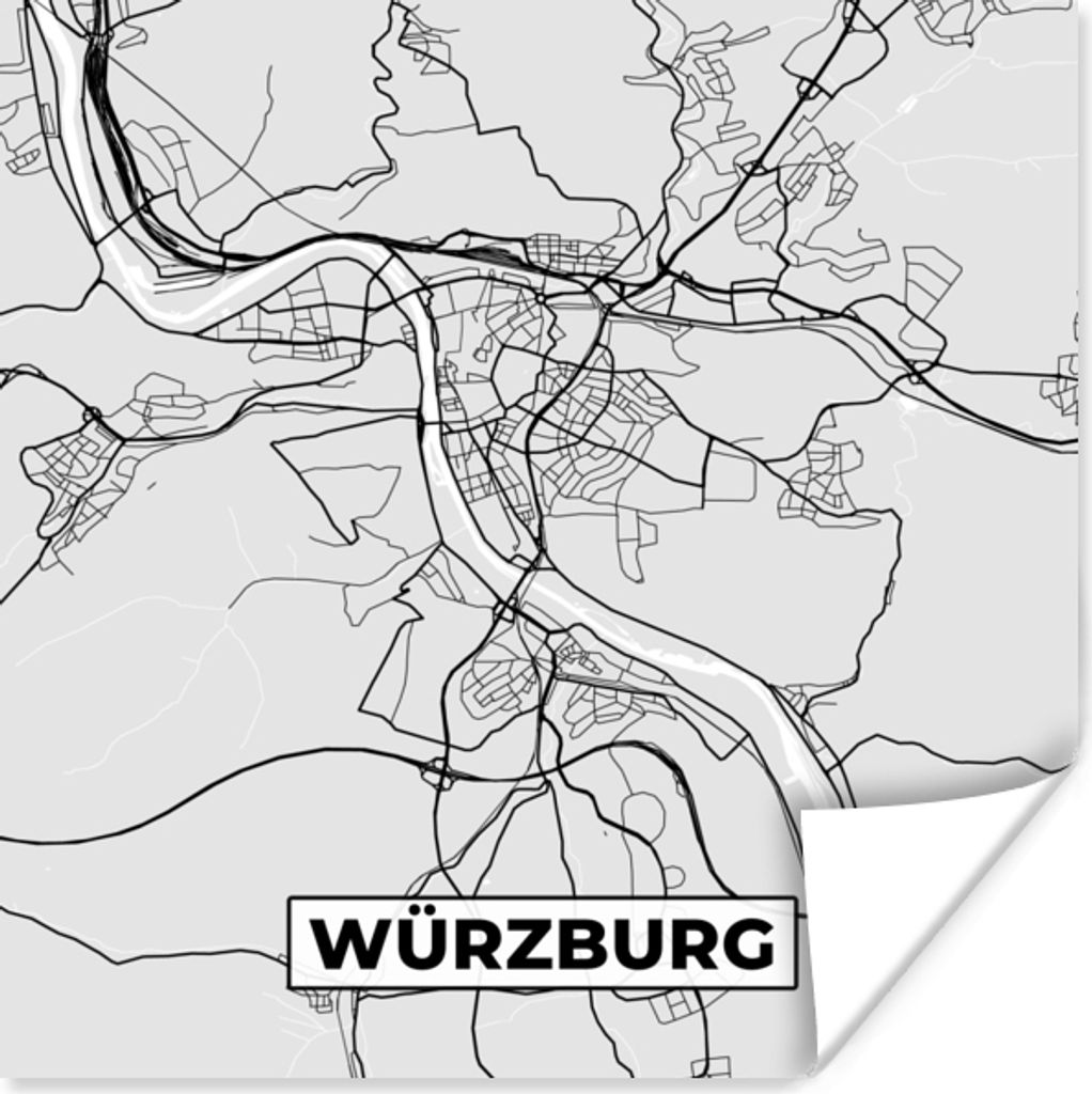 MuchoWow Poster Deutschland - Stadtplan - Würzburg - Karte 50x50 cm - Wohnzimmerdekoration
