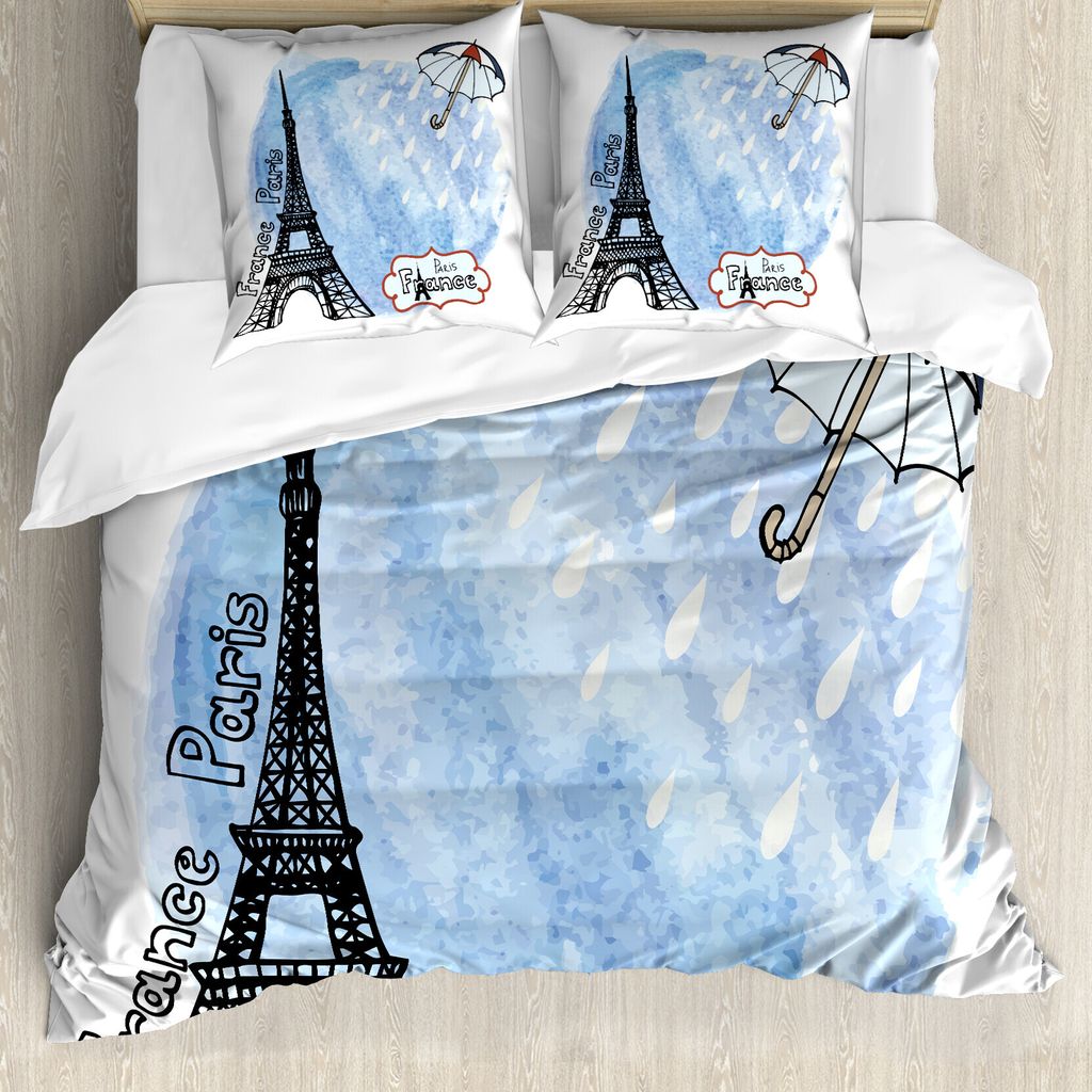 ABAKUHAUS Eiffelturm Bettbezug, Aquarell Paris, Milbensicher Allergiker geeignet mit Kissenbezügen, 155 cm x 220 cm - 80 x 80 cm, Blau