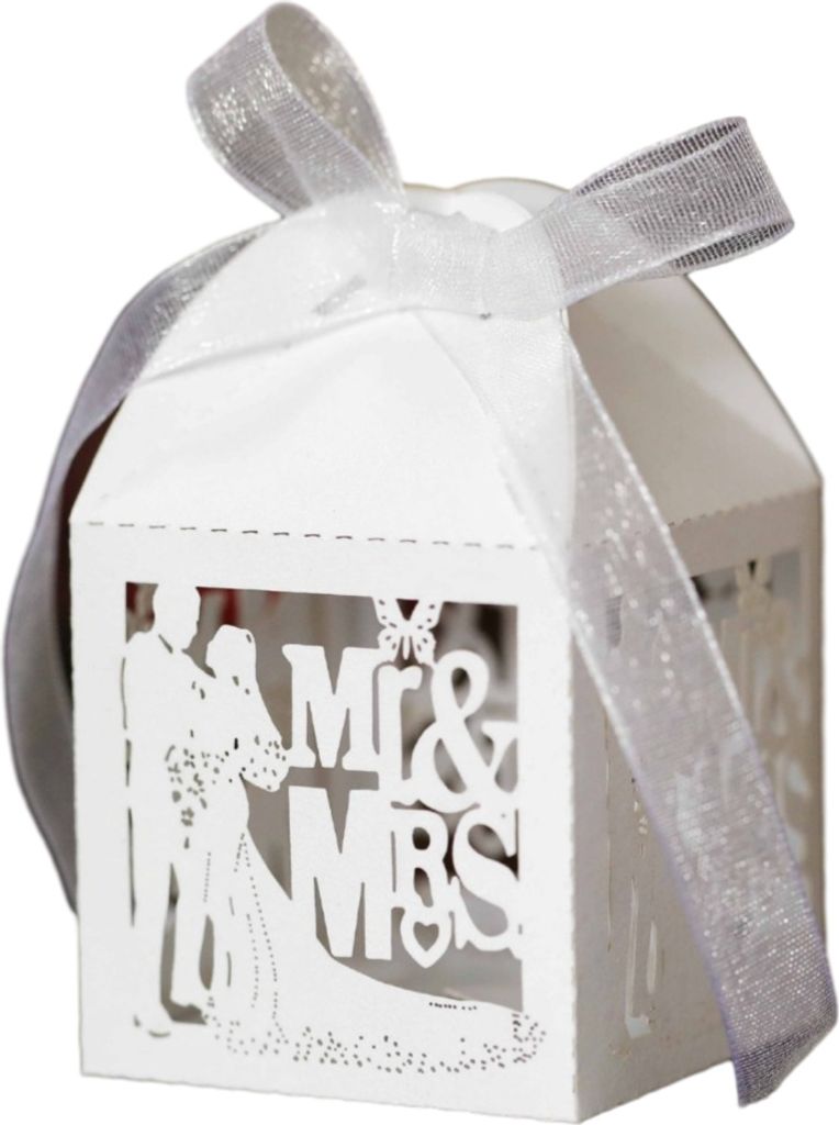 50 Pack Laser Cut Mr & Mrs Square Favor Boxen für Hochzeit Brautparty, Hochzeit Party Dekoration Schokolade Süßigkeiten Boxen mit Band