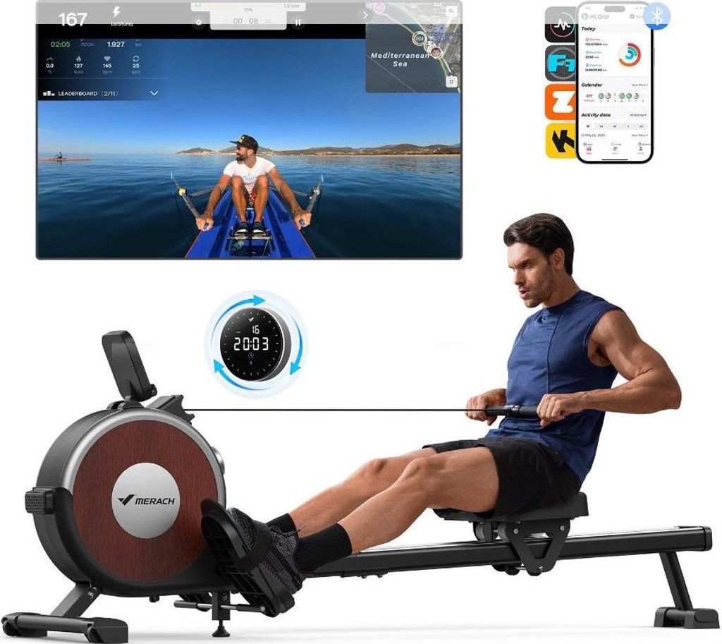 Klappbares magnetisches Rudergerät – leise, 16 Stufen Widerstand, Doppel-Schienen, Bluetooth-App & Tablet-Halter, LCD-Display, bis 158 kg, Heimf...