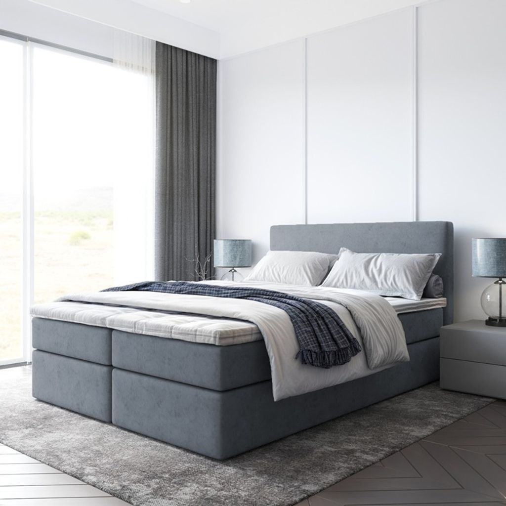 Bett, Boxspringbett BERG mit Bonell-Matratze und T25 Topper, 2 Bettkästen, Doppelbett, Stauraum, 140x200 cm (Dunkelgrau - Itaka 14)