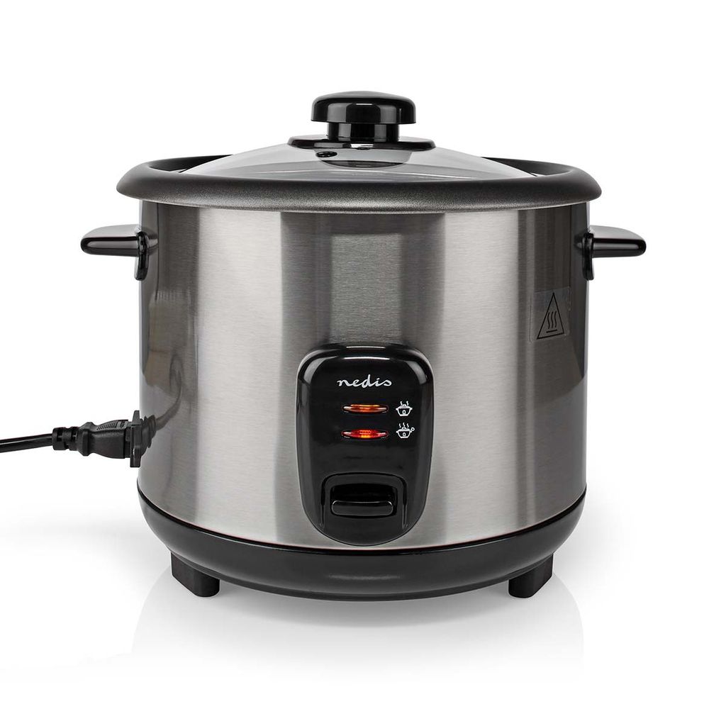 A close-up studio shot of a stainless steel rice cooker on a white background.