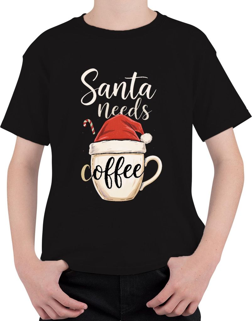 Santa needs coffee Weihnachtsmann lustig Kaffee Geschenk Uni Kinder T-Shirt, Schwarz, 128