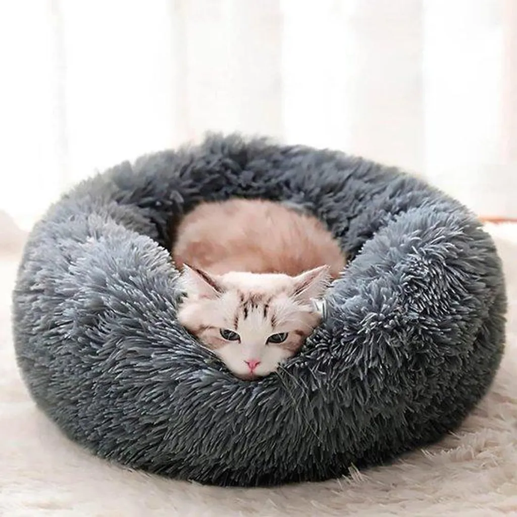 Panier pour chien rond 40 cm gris perle en peluche lavable très doux