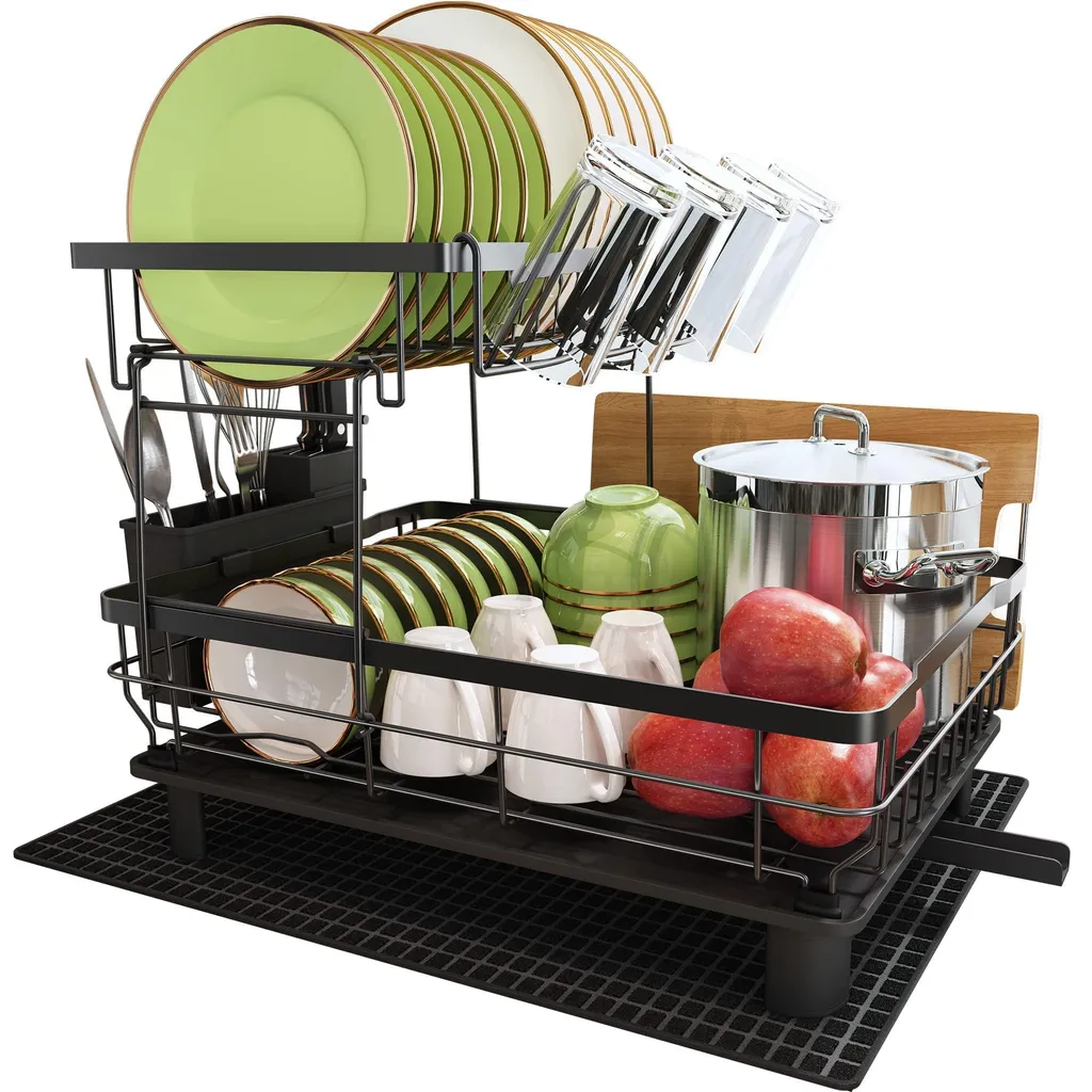 Égouttoir inox anticorrosion avec tapis de séchage et porte-tasses noir