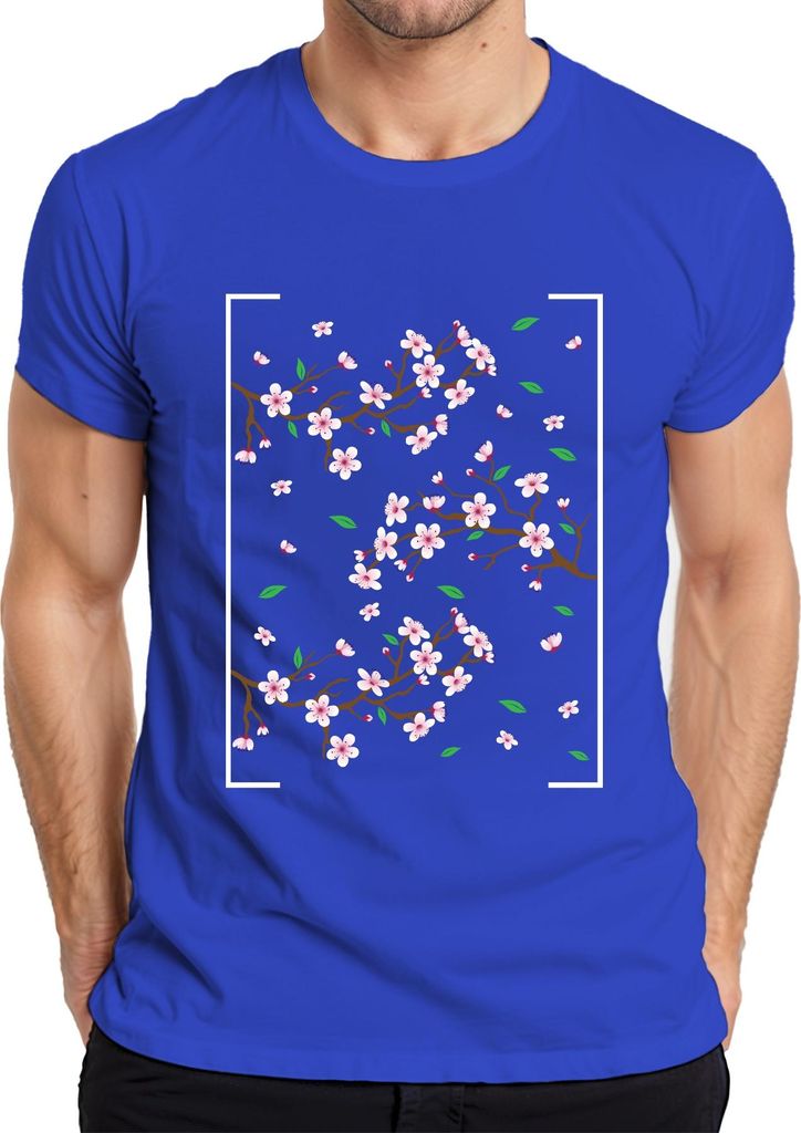 Kirschblüten Sakura Zweige Frühling Japanisch Blütenmuster Stil Herren T-Shirt, Blau, S