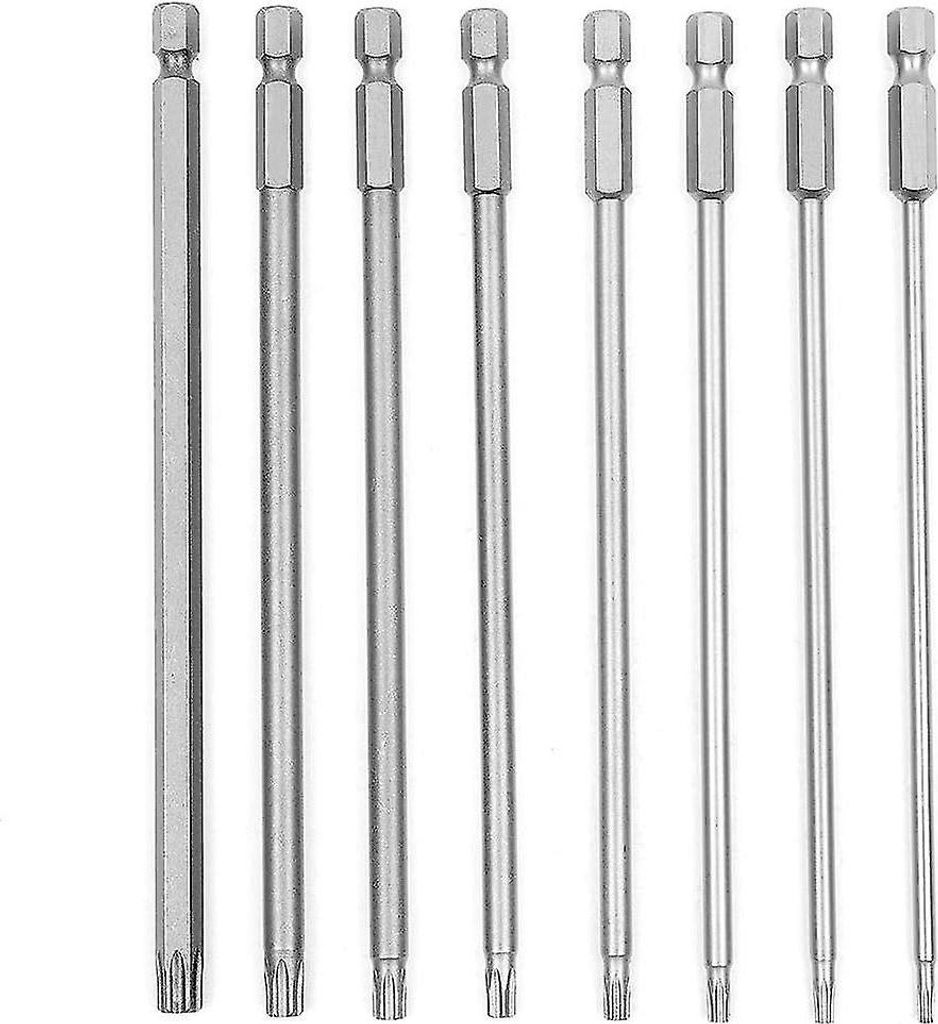 8-teiliges Set mit 150 mm langen, 6,35 mm (1/4") Sechskantschaft-Torx-Schraubendrehern (T8-T40) aus S2-Stahl mit magnetischem Kopf