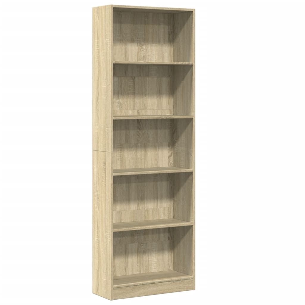 A tall, narrow, five-shelf bookcase made of light brown wood-like material against a white background.