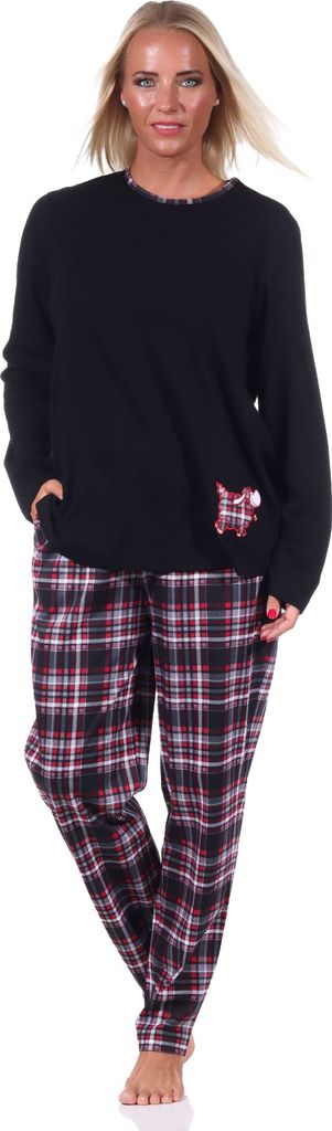 Damen Pyjama lang mit Karohose und süssen Tiermotiv - auch in Übergrössen - 212 201 90 820 ; schwarz , 44